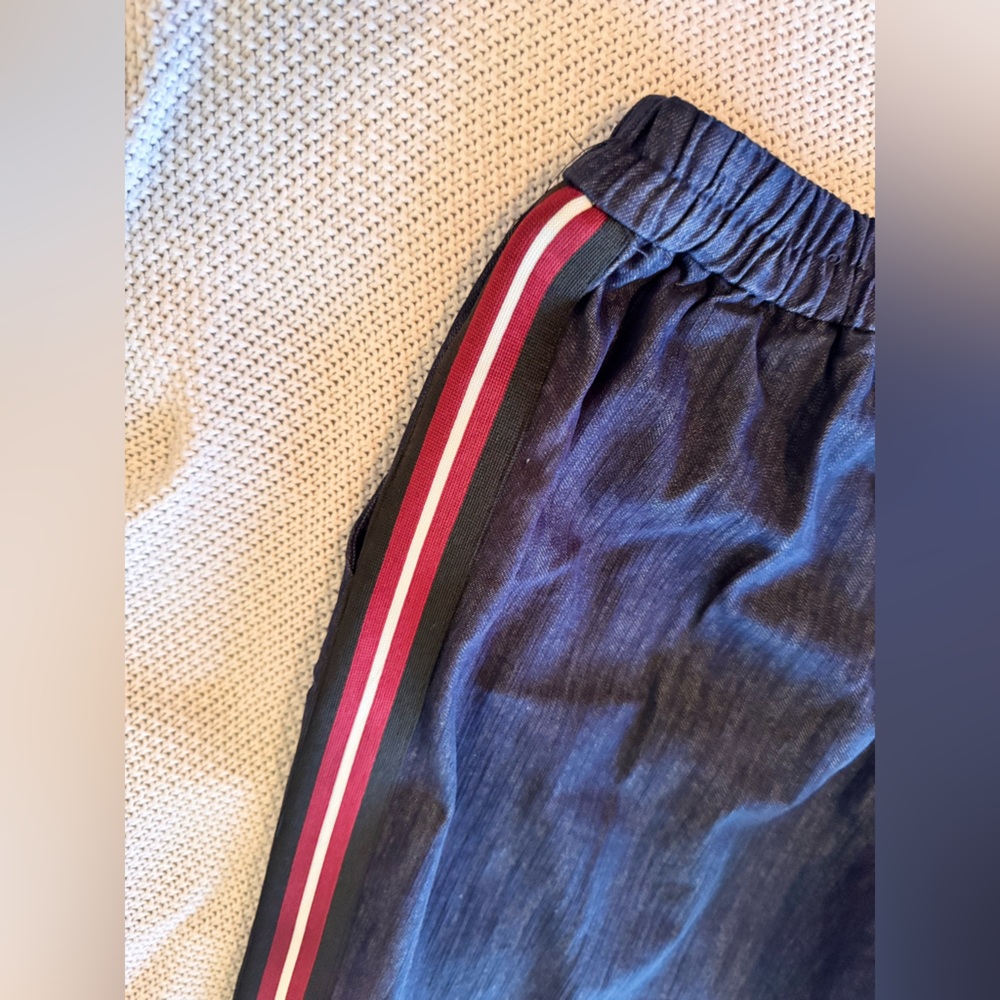 ZARA Blue Denim Wide Leg Drawstring Pull-on Pants w Red Side Stripe - Picture 6 of 9